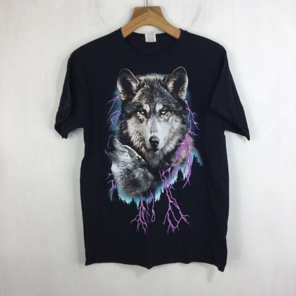 VTG Fruit Of The Loom Mens Retro Wolf Lighting Graphic Tee Shirt Black Large - Picture 2 of 6